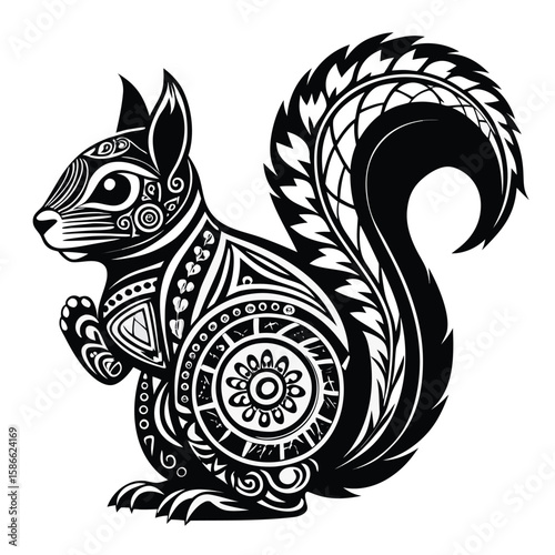  a squirrel with tribal Polynesian-style decorative patterns inside the body, curled tail and upright ears, ethnic animal vector illustration on white background