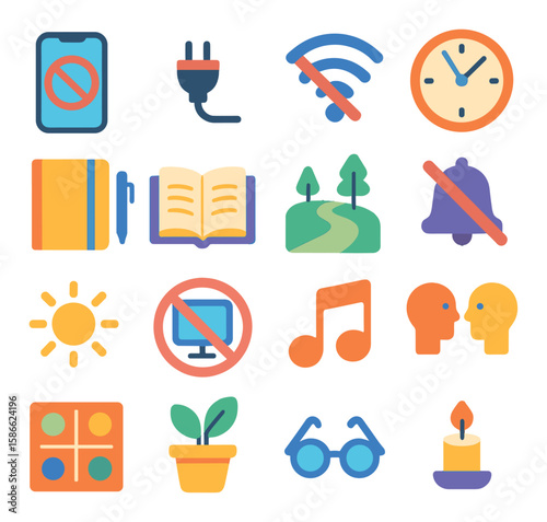 Digital detox icon collection. simple flat icons: smartphone, wifi, book, music, plant