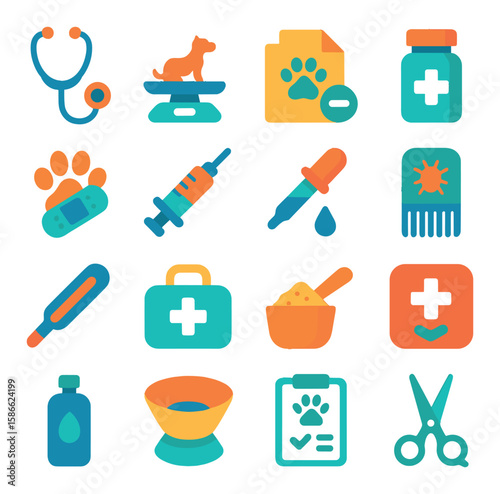 Pet wellness icon collection: simple flat icons featuring stethoscope, pet scale, medicine, and more