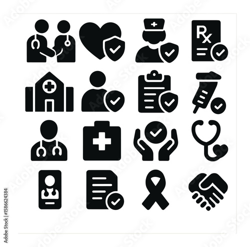 Healthcare trust icon collection. medical and insurance silhouette icons. hospital, doctor, nurse, stethoscope, syringe, clipboard