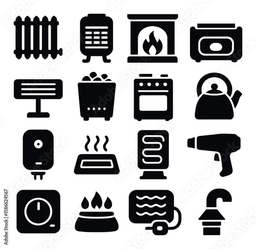 Heating device icon collection. simple silhouette heaters, fireplace, radiator, kettle