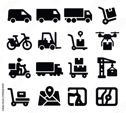 Transport icon collection. delivery and logistics silhouette: truck, drone, forklift, map, scooter
