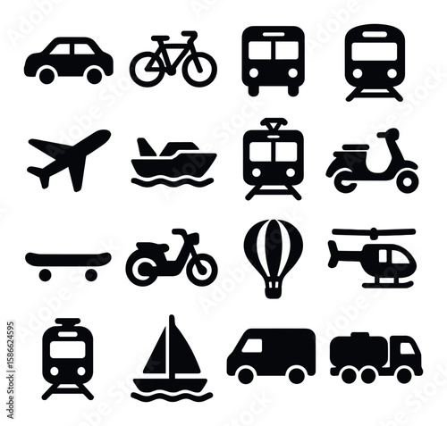 Transport icon collection. simple silhouette vehicles. car, bike, plane, boat, bus, train