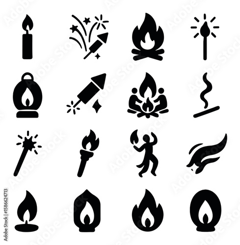 Festive fire icon collection. simple fireworks, campfire, torch, candle, lantern