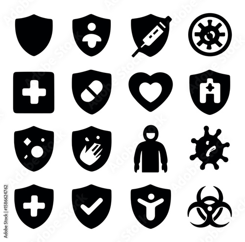 Health protection icon collection. simple silhouette icons: shield, vaccine, mask, heart, hospital, biohazard