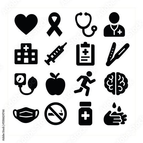 Health awareness icon collection: medical, fitness, heart, brain, flat icons set,