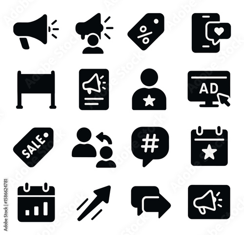 Marketing icon collection. promotion and strategy silhouette icons: tag, megaphone, calendar, hashtag