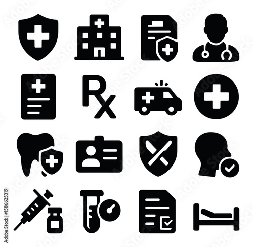Health insurance icon collection. simple medical silhouette design: hospital, doctor, shield, ambulance, rx, tooth, vaccine, bed