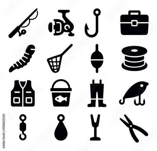 Fishing gear icon collection: simple silhouette rod, hook, reel, lure, net, bait