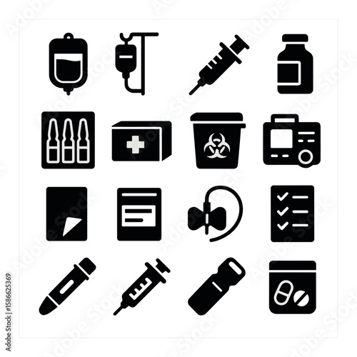 Medical support icon collection. healthcare symbols, silhouette style. iv, syringe, vial, ampoule, biohazard, defibrillator