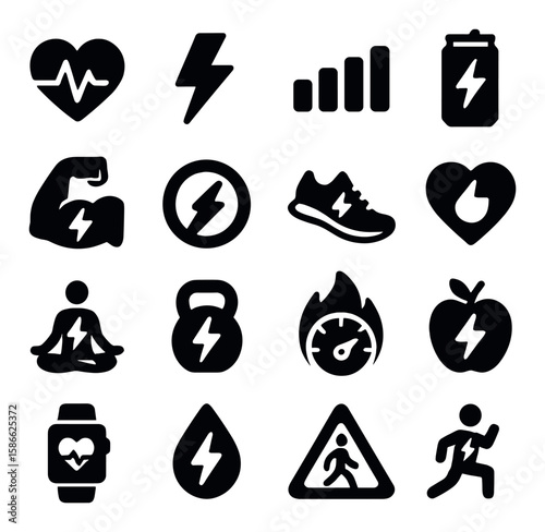 Fitness energy icon collection. simple silhouette icons: heart, lightning, battery, dumbbell, running, yoga, kettlebell, fruit, flame, watch icons