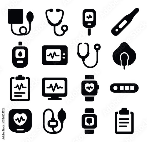 Vital signs icon collection. medical monitoring silhouette icons. heartbeat, stethoscope, thermometer, blood pressure, ecg