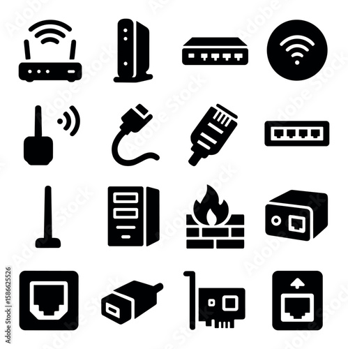 Networking hardware icon collection. simple router, modem, firewall, cable, wifi, ethernet