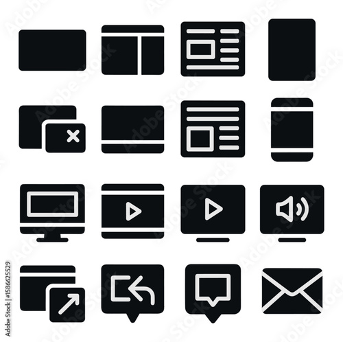 Digital ad icon collection: simple silhouette icons for web design—screen, video, message, sound