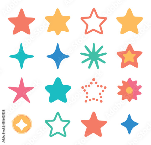 Star icon collection: vibrant simple stars, shapes, and celestial linear