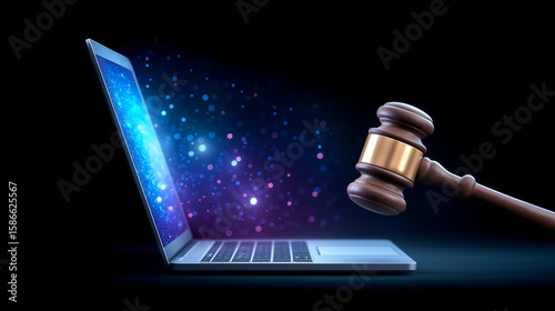 Gavel hovers next to laptop with digital effects, illustrating intersection of law and technology. Dark background provides focus on legal themes. Concept of legal tech, law firms, online justice