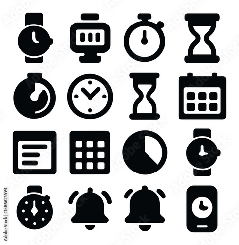 Time tracking icon collection. simple timing, clock, stopwatch, calendar, hourglass, bell