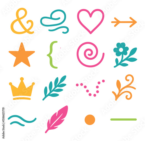 Vibrant calligraphy symbol icon collection. simple compose shapes: heart, star, arrow, crown, flower flat
