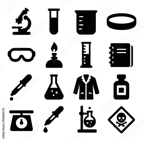 Scientific equipment icon collection: silhouette lab tools icons. microscope, test tube, beaker, pipette, safety goggles