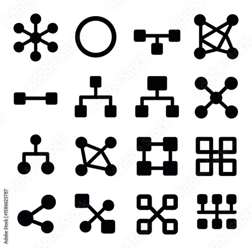 Network topology icon collection. simple silhouette style for hub, mesh, star, ring, bus, hybrid