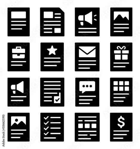 Marketing document icon collection. simple compose silhouette design. document, email, checklist, gift, chat