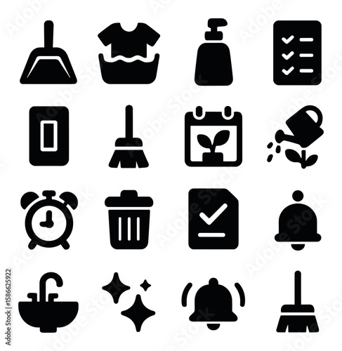 Task chore icon collection. simple chores silhouette icons: broom, mop, trash, alarm, soap