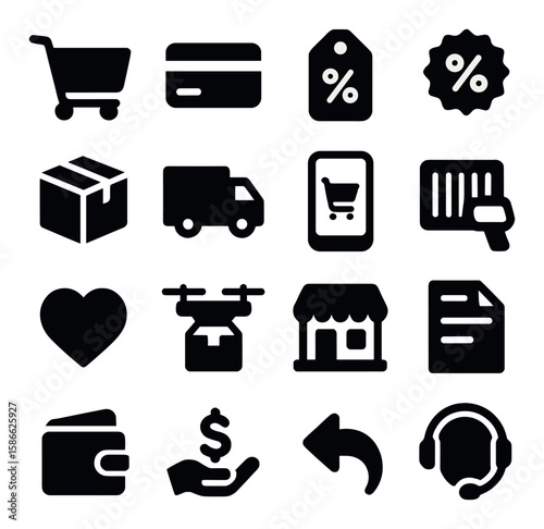 Online shopping icon collection. retail silhouette set with cart, credit card, package, delivery, store, price tag