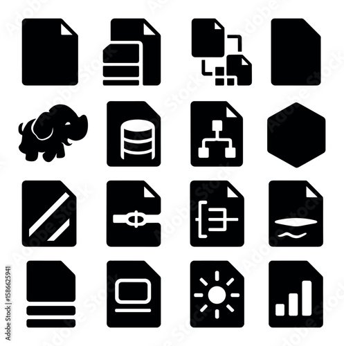 Big data icon collection. simple silhouette: elephant, folder, database, network, graph