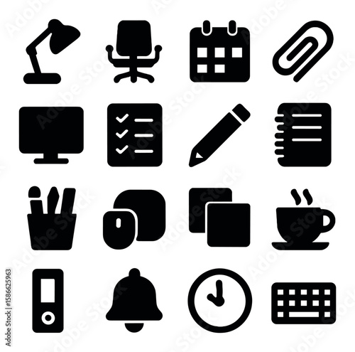 Minimalist workspace icon collection. office, desk, lamp, chair, calendar, paperclip silhouette
