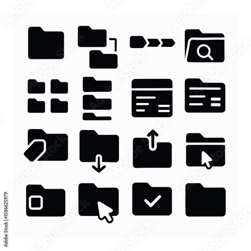Folder and ui icon collection. simple silhouette files, arrow, search, upload, click