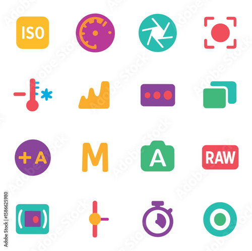Camera settings icon collection. simple photography flat style. iso, aperture, shutter, raw, timer icons.