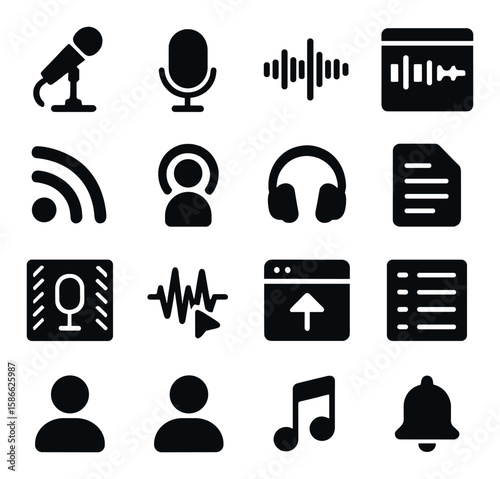 Podcast icon collection. broadcasting, mic, headphones, playlist, waveform silhouette