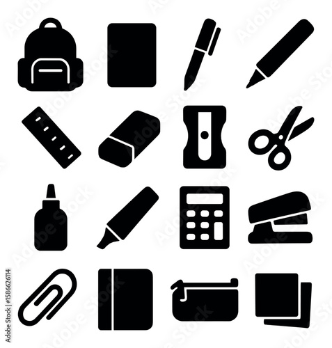 School supplies icon collection: silhouette style. backpack, pen, ruler, scissors