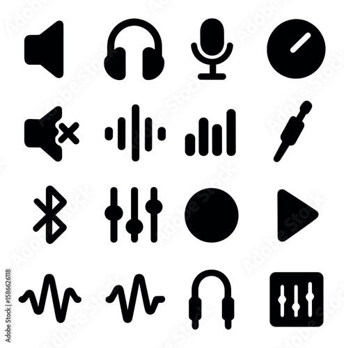 Audio icon collection. simple sound symbols: microphone, headphones, play, pause, equalizer