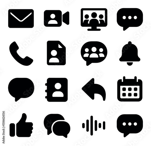 Digital communication icon collection. simple silhouette set: email, video, chat, call, message, contact, notify, calendar, feedback, audio icons.