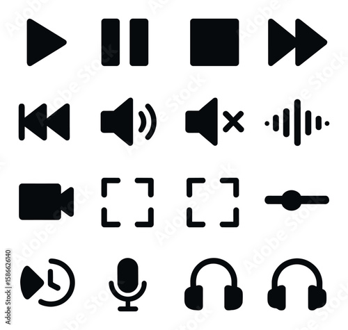 Media interface icon collection: simple silhouette player, play, pause, stop, volume, headphones