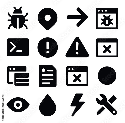 Code debugging icon collection. simple silhouette icons: bug, arrow, terminal, alert, wrench