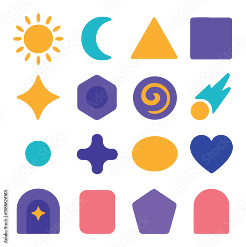 Astral icon collection: simple silhouette icons of sun, moon, star, comet, spiral, shapes