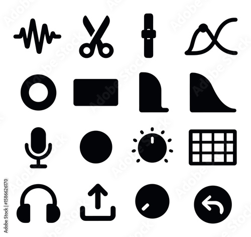 Audio editing icon collection. simple compose silhouette: wave, scissors, mixer, microphone, headphones, waveform, volume, panel