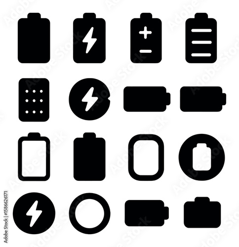 Battery icon collection. simple silhouette icons for charge, power, energy, level, full, empty