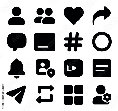 Social media icon collection. silhouette style icons: user, heart, arrow, chat, hashtag, bell, location, play, message, share, setting