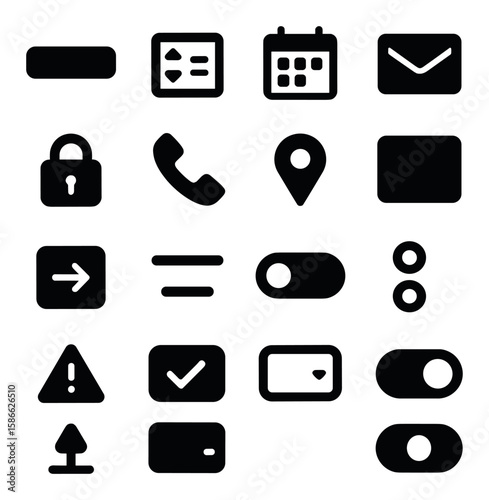 Ui form icon collection. simple ui symbols in silhouette: button, calendar, lock, slider, switch, email, phone, map pin, checkbox, arrow, alert, toggle