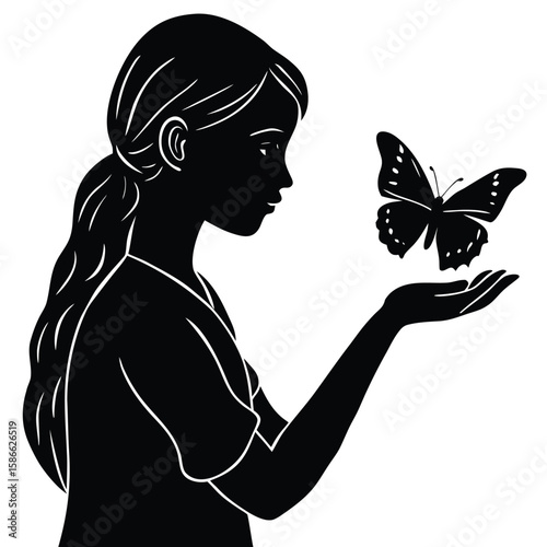  a young girl holding a butterfly on her finger, soft and peaceful pose, vector on white background, ideal for gentle self-expression and healing concepts 