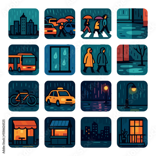 Rainy urban icon collection: simple linear style. city, rain, umbrella, street, car, bus, building