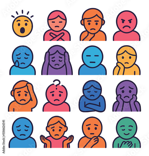 Emotional stages icon collection. simple compose emojis: happy, sad, angry, confused, surprised