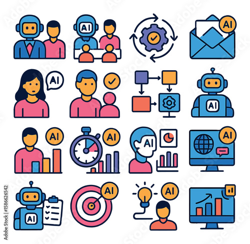 Ai work icon collection. business, robot, gear, email, stopwatch, presentation, linear
