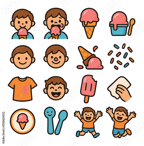 Kids' delight icon collection. ice cream, cone, sprinkles, spoon, playful flat