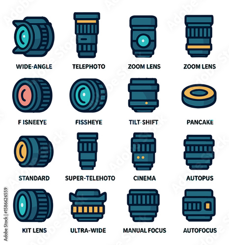 Camera lens icon collection. photography equipment flat icons - wide, telephoto, fisheye, cinema, ultra-wide, kit