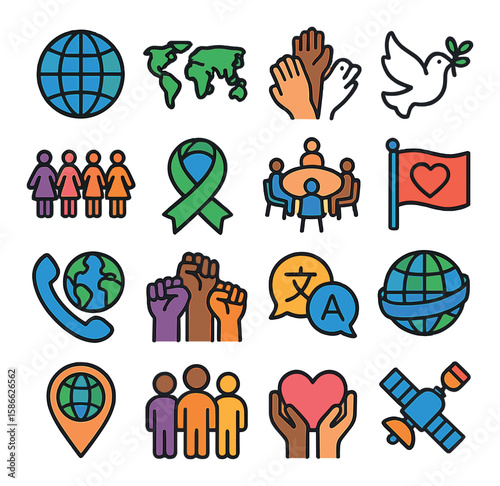 Global unity icon collection. peace, diversity, communication, world, hands, meeting, heart silhouette