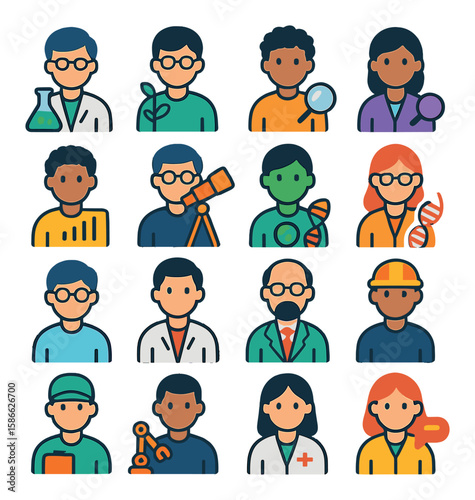 Scientist icon collection. vibrant laboratory and research flat symbols. chemist, biologist, engineer